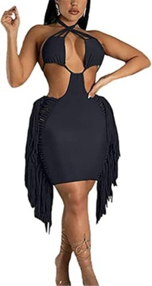 Women’s Spaghetti Strap Bodycon Cut Out‎ Lace Up Tassel Birthday/ Party Dress